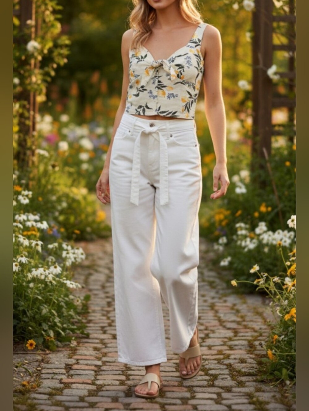 LOFT White Wide Leg Pants with Self-Tie Belt. Soft Cotton Perfect Summer Style
